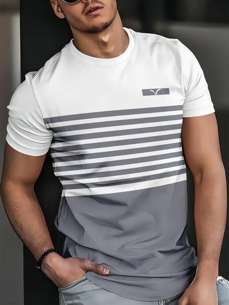 New trendy clothing Summer Classic 3D Printed Men's T-shirt Outdoor Round Neck Short Sleeve Top Stripe Print Street Loose T-Shirt Male Oversized Clothing L
