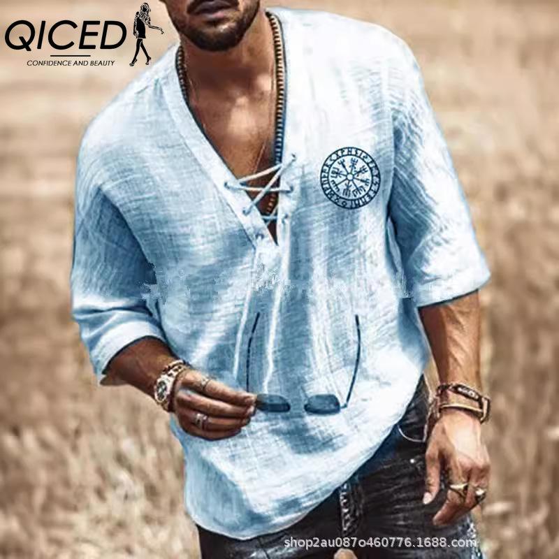 QICED Katoenen T-shirt met korte mouwen Herenmode Losse shirt met halve mouwen Bedrukt meelevend shirt XS lichtblauwe kleur