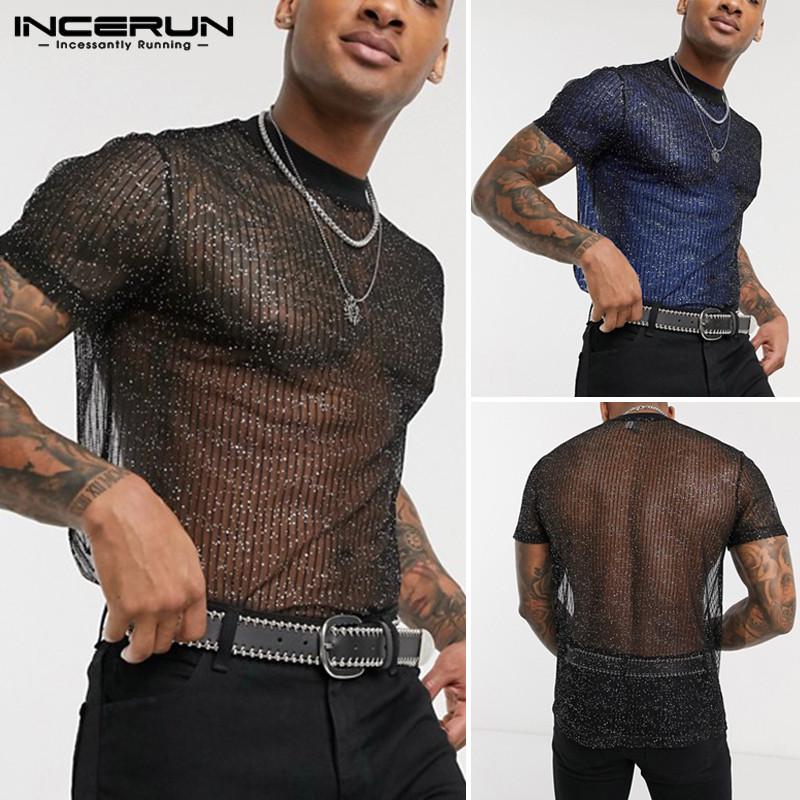 INCERUN Heren doorzichtige zomer korte mouwen Clubwear zwarte tops S zwart
