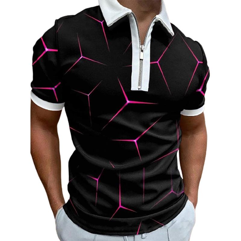 Happy Show Casual revers T-shirt Jonge herenmode Rits T-shirt Korte mouw T-shirt Heren 3D Blauwe streep print T-shirt 3XL roze