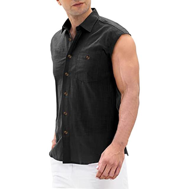 AKA001 Katoen Linnen Heren Shirt Mouwloos Mode Man Blouses 2022 Linnen Top Mannelijke Shirts Blouse Basic Hombres Tops Strand Mannen Kleding L zwart