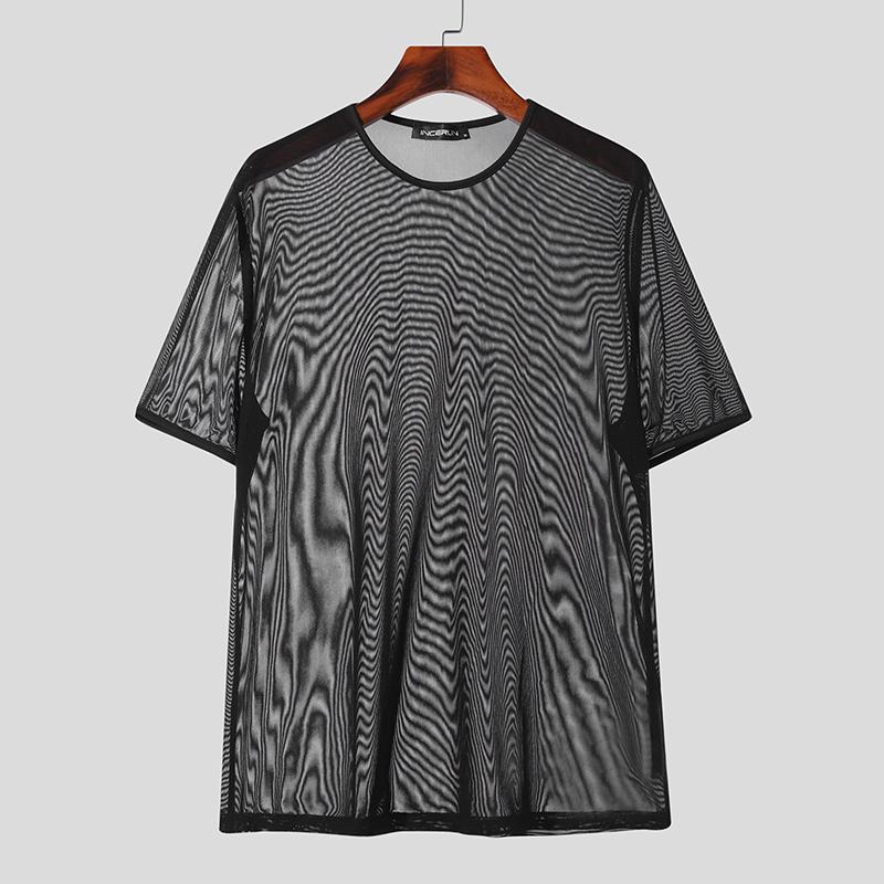 INCERUN Heren doorzichtige mesh tops met korte mouwen XL zwart