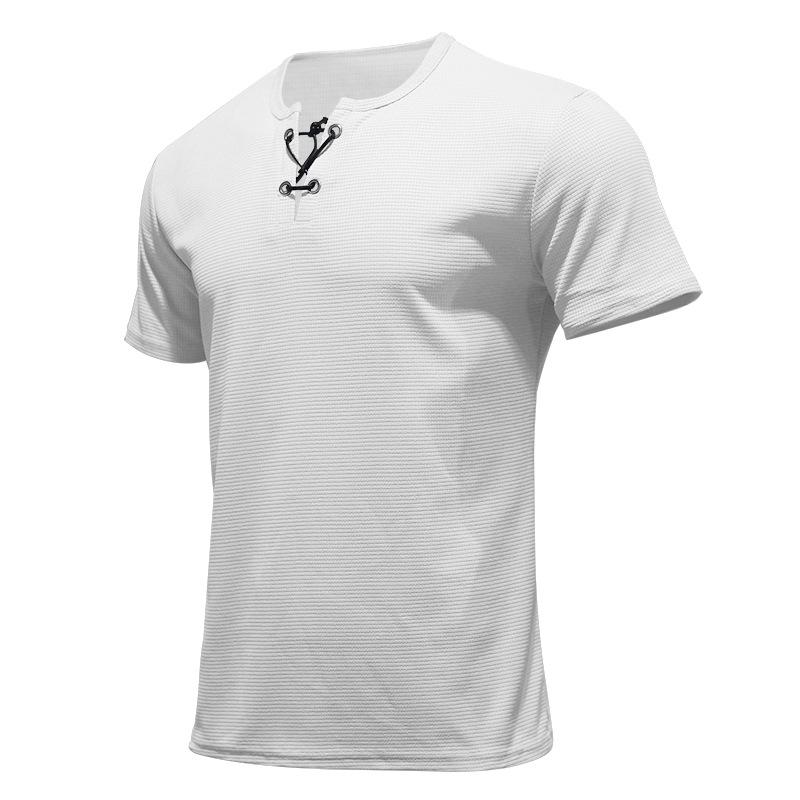HerSight Zomersporttop Heren Vrije tijd Mode Slim Fit Ademend Heren T-shirt met korte mouwen Heren Vastgebonden V-hals Henley-shirt M wit