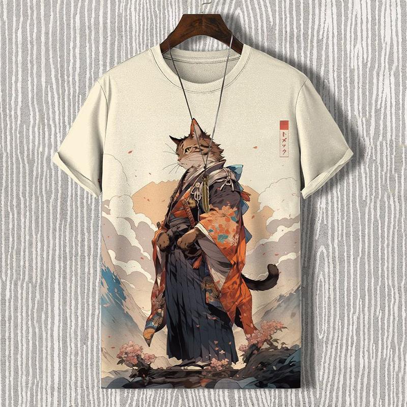 ETST WENDY 05 3d Samurai Cat Print Korte Mouw T-shirt Voor Heren Nieuw Retro Heren T-shirt Mode Oversized Mannenkleding Snel Drogende T-shirts Tops 2024 M