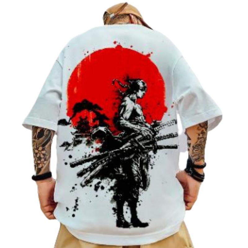 ETST 07 Mode Japanse Samurai Bedrukte Heren Trendy T-shirts Zomer O-hals Korte Mouw Losse T-shirts Streetwear Hip Hop Tops 3XL 6XL