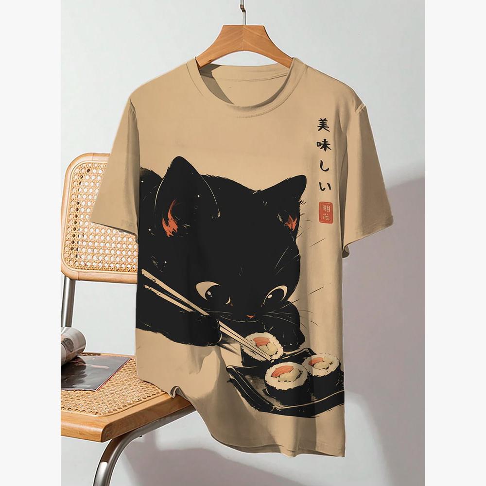 Xuhaijian02 Zomer Heren T-shirt Dier Schattige Kat Print Ronde Hals Korte Mouw Tee Street Trend Tops Oversized Herenkleding T-shirt Voor Heren M