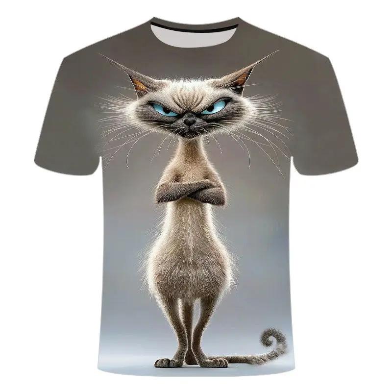 ETST 005 Grappig kattenpatroon T-shirt voor mannen Persoonlijkheidsdier 3D-geprinte T-shirts Zomer Losse tops met korte mouwen Casual ronde hals T-shirts XL