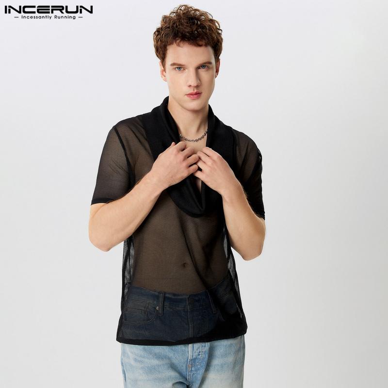 INCERUN Heren Zomer Korte Mouw Mesh Transparante T-shirts Strandfeest Doorschijnende Tops 3XL zwart
