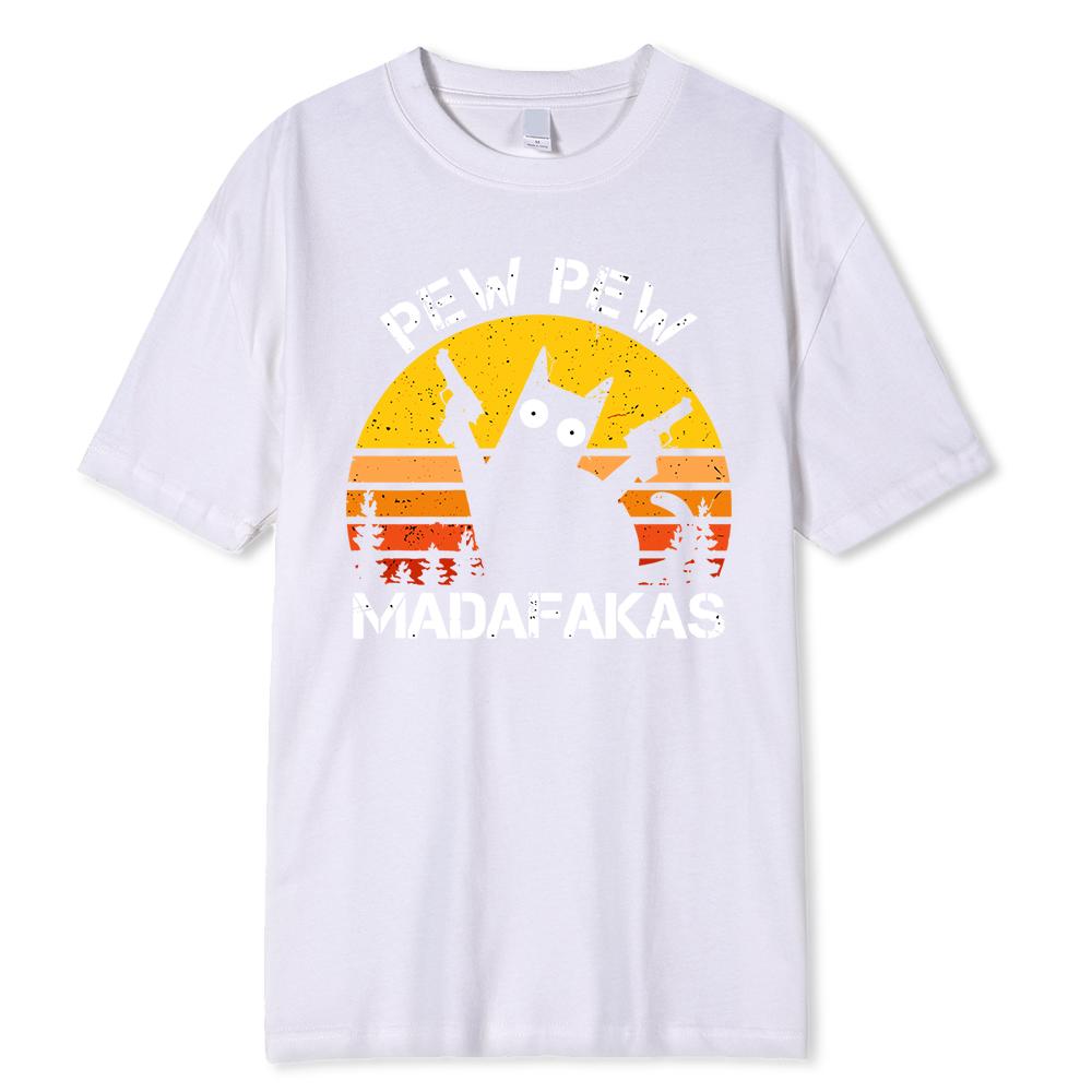 WowClassic Katoenen T-shirt Pew Pew Madafakas Kat Met Twee Pistolen Print Heren T-shirts Zomer Katoenen T-shirts Ademend Losse Kleding Hip Hop Street T-shirts L