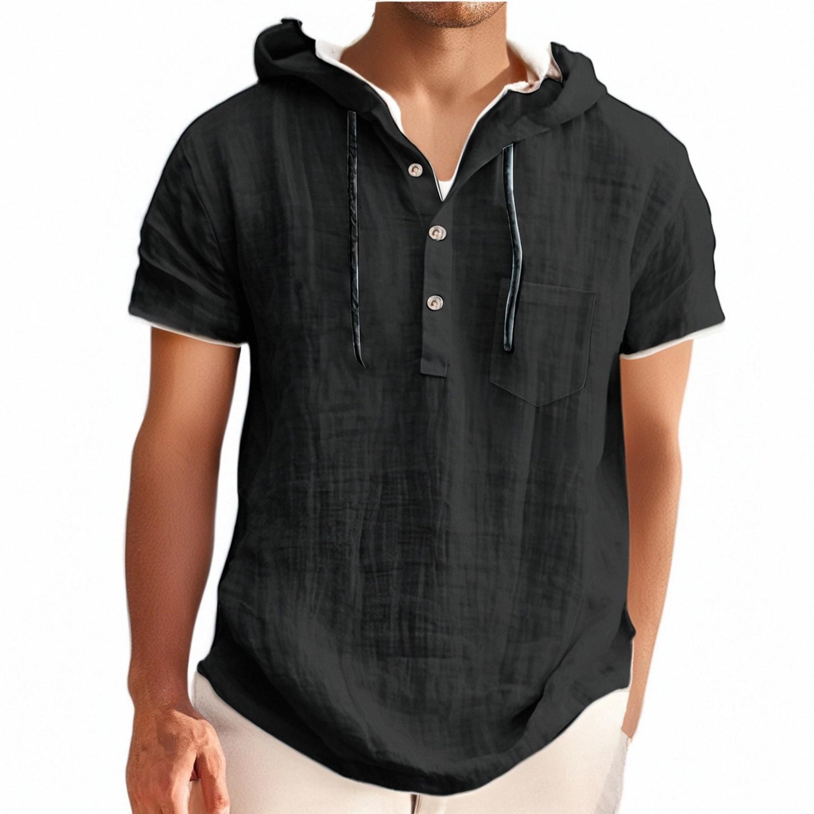 Leather world Heren hoodie met korte mouwen, zomers katoen, hennep, katoen, dun, casual, effen kleur, los XL