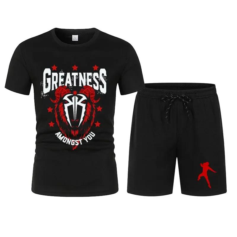 New Movement Heren Zwart Roman Reigns Levels Above T-shirt Shorts Set Zomer Korte Mouw Man Oversized Pakken Nieuwe Mode Kledingsets M