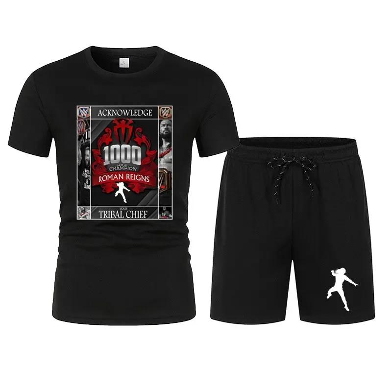 New Movement Heren Zwart Roman Reigns Levels Above T-shirt Shorts Set Zomer Korte Mouw Man Oversized Pakken Nieuwe Mode Kledingsets XL