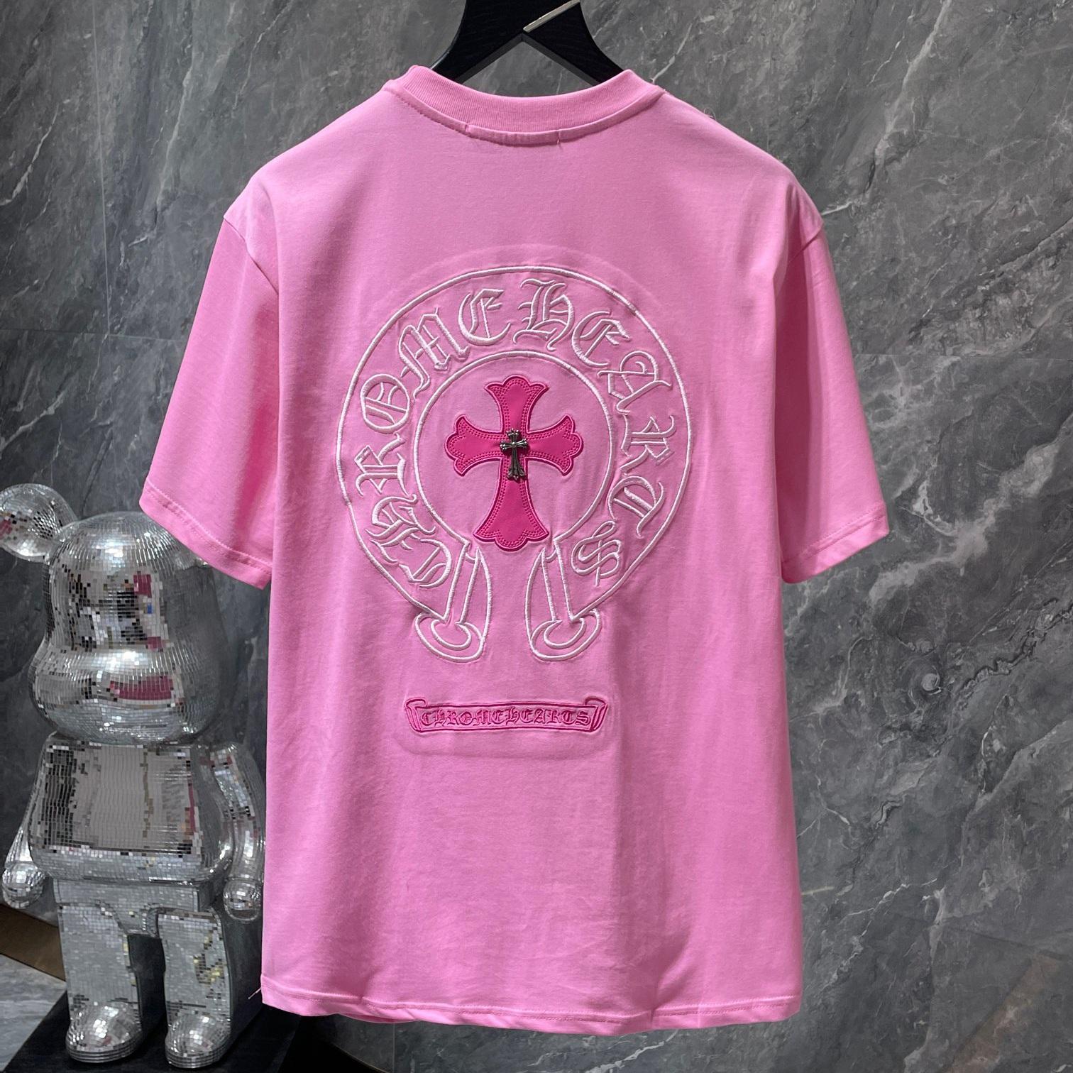 Chrome Hearts 8760  2025 Zomer Nieuw Hoge Kwaliteit Katoen Ronde Hals Losse Grote Maat Heren- en Dames T-shirt Koppel T-shirt M roze