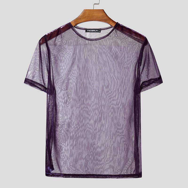 INCERUN Heren O-hals Korte Mouw Mesh Sheer Doorkijk Party Club Aansluitende T-shirts 3XL
