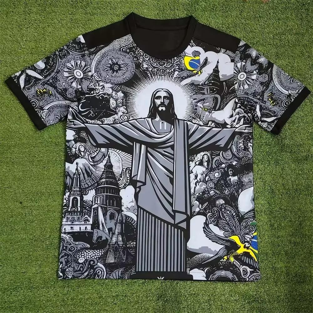 Zengyanqin02 Zomer Voetbal Trainingstop Brazilië Speciale Editie Jezus Zwart Grijs Voetbalshirt Volwassenen Kinderen Buiten Heren T-shirts Hot Top S