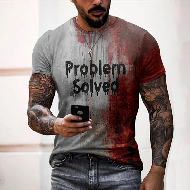 ETST42 Heren T-shirts Probleem Opgelost Bloederige Print T-shirts Mode Afschuwelijke Halloween Korte Mouw Casual Ronde Hals Oversized T-shirt Tops XL