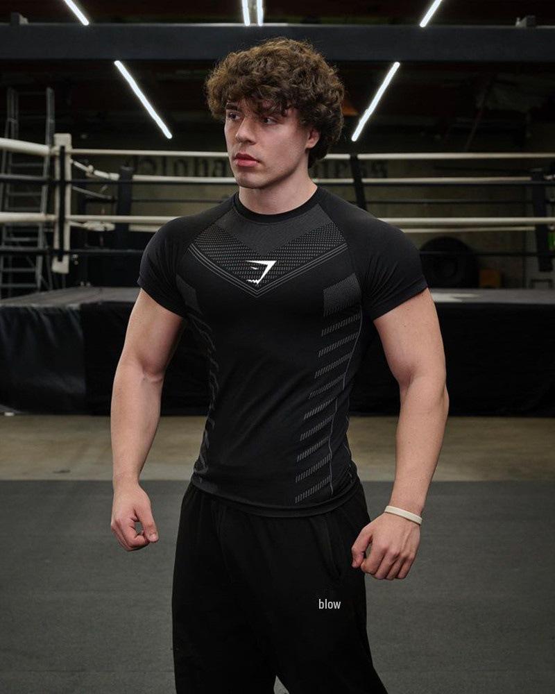 BigSopping European Men's Cross-Border High Elastic Fitness Bodysuit - Short Sleeve Sports T-Shirt M