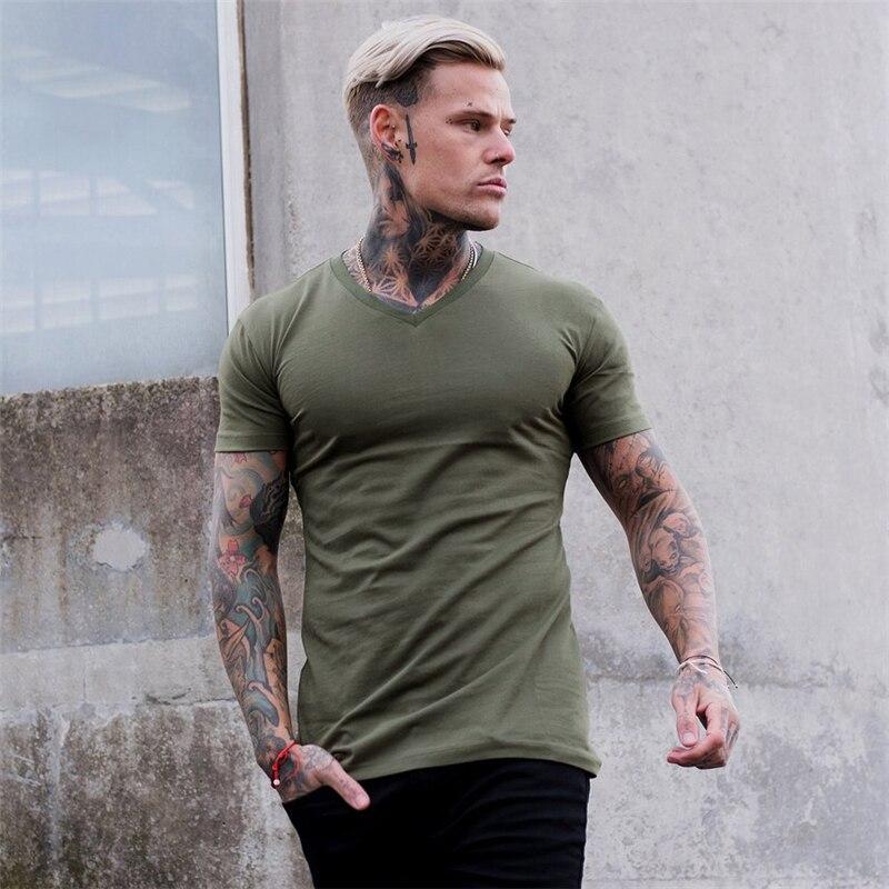 Muscleguys Heren V-hals T-shirt Pure Kleur Korte Mouw Tops Heren Katoen Ademend Casual T-shirt Bodybuilding Fitness Voor Mannen L