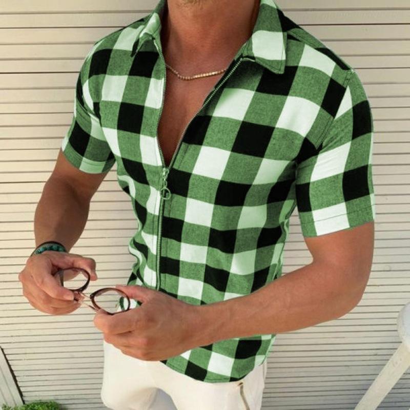Bestnify apparel Geruit bedrukt overhemd Zomermode Heren T-shirt met korte mouwen en capuchon en ritssluiting uit één stuk M