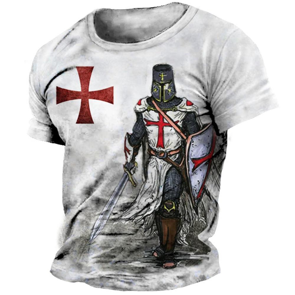 ETST WENDY Retro Tempeliers Print Heren T-shirts Zomer Losse Polyester Korte Mouw Mannelijke Tops Crusader Soldaat Kleding Kleding 3XL