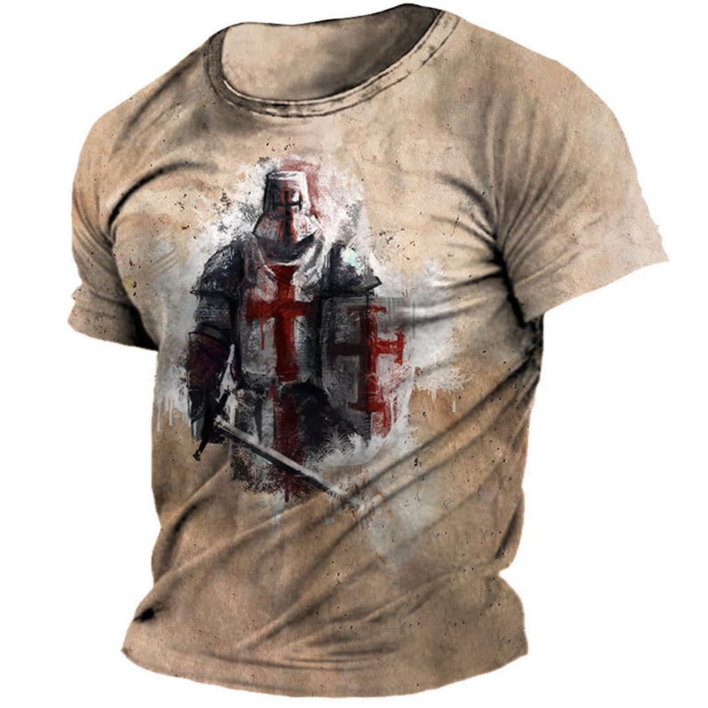 ETST WENDY Retro Tempeliers Print Heren T-shirts Zomer Losse Polyester Korte Mouw Mannelijke Tops Crusader Soldaat Kleding Kleding 3XL
