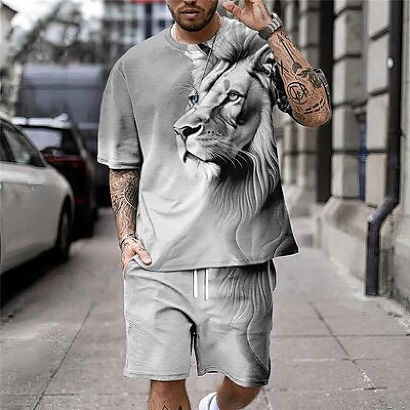 Bobby 2 Dieren Leeuw Grafische prints Sport Designer Informeel Heren Overhemdset Shorts en T-shirtset T-shirt Outfits Buiten Dagelijks Vakantie T-shirt Rood Blauw Oranje 6XL