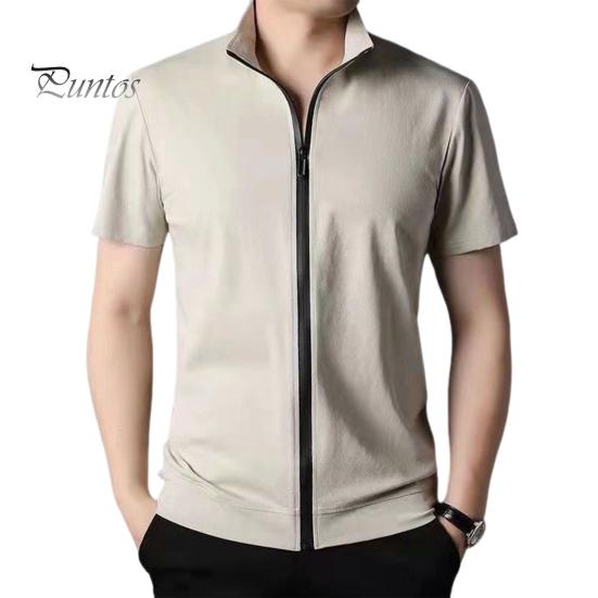 SOUTONG Heren Zomer Shirt Cardigan Ritssluiting Opstaande Kraag Effen Kleur Slim Fit Rekbaar Goed Ademend Casual Dagelijks Dragen Sport Tennis Golf Kantoor L wit