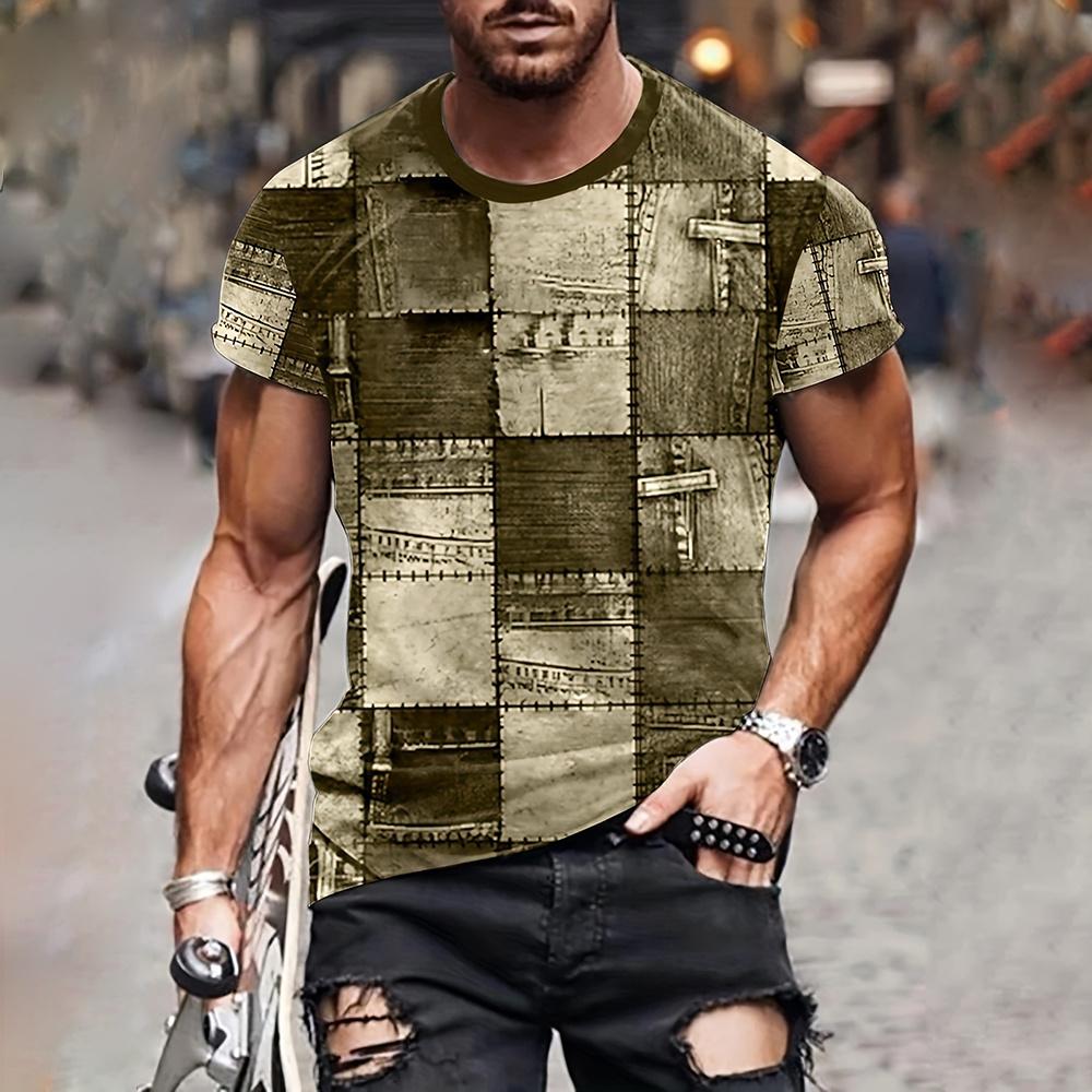 Chengyu Heren T-shirt 3D Digitaal Patchwork Grafische Print Korte Mouw T-shirts Comfortabel Casual Elastische Ronde Hals Heren Buitenactiviteiten Top 6XL