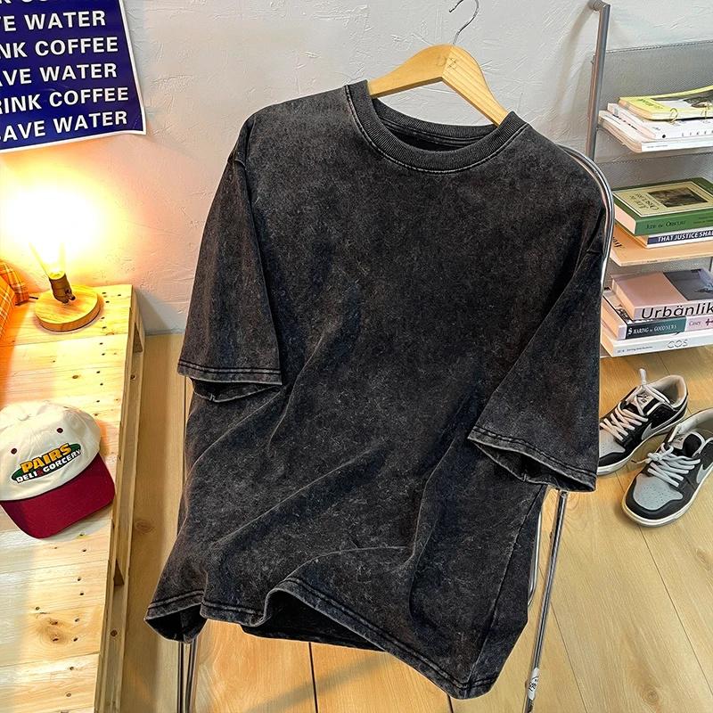 King Billion Katoenen gewassen heren T-shirts Vintage effen T-shirts Casual Harajuku Retro korte mouw top Losse basic ronde hals L