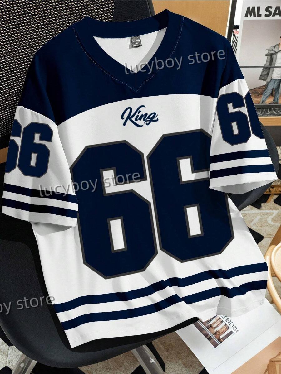 Tooyoo Herennummer 66 Letter 3D KING Print T-shirt Heren Korte Mouw Sportkleding Voetbal T-shirt Vintage Oversize Kleding S
