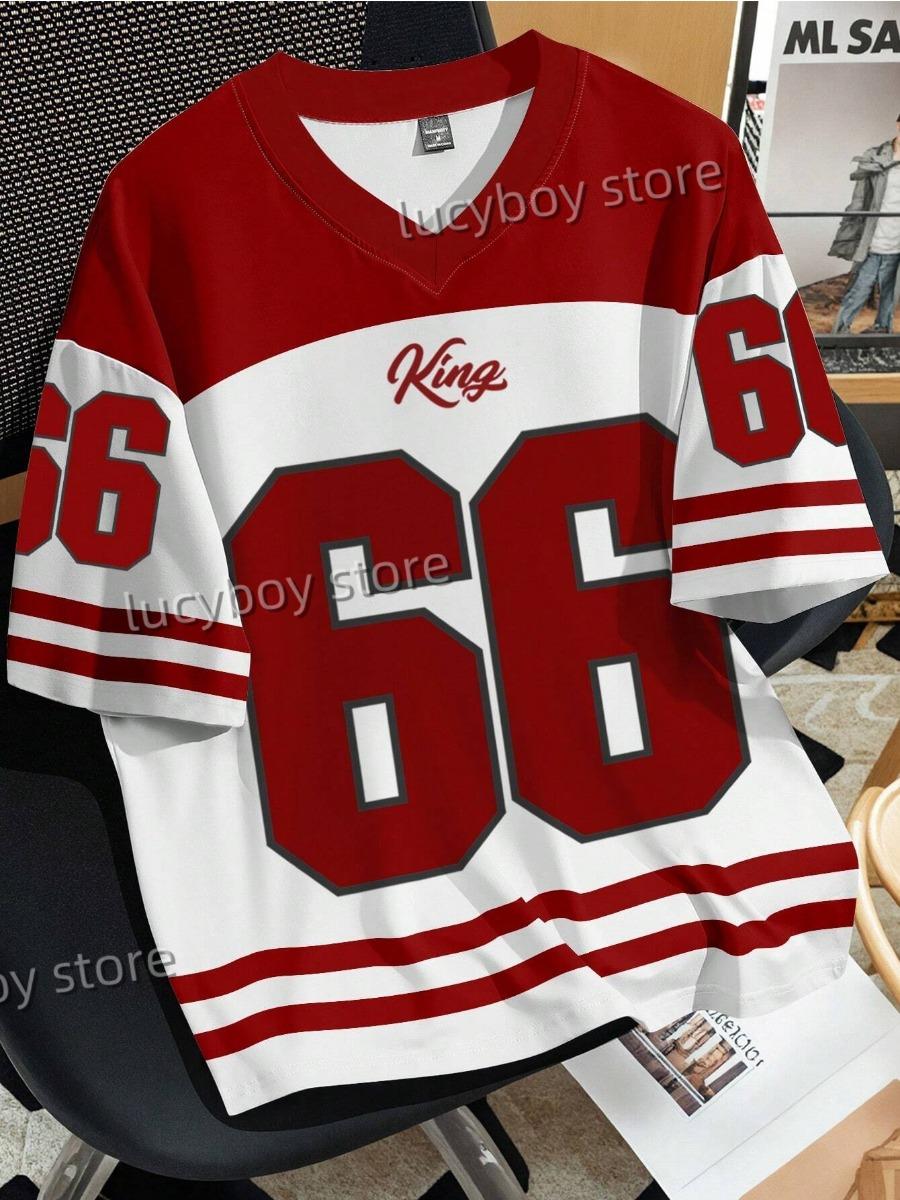 Tooyoo Herennummer 66 Letter 3D KING Print T-shirt Heren Korte Mouw Sportkleding Voetbal T-shirt Vintage Oversize Kleding L