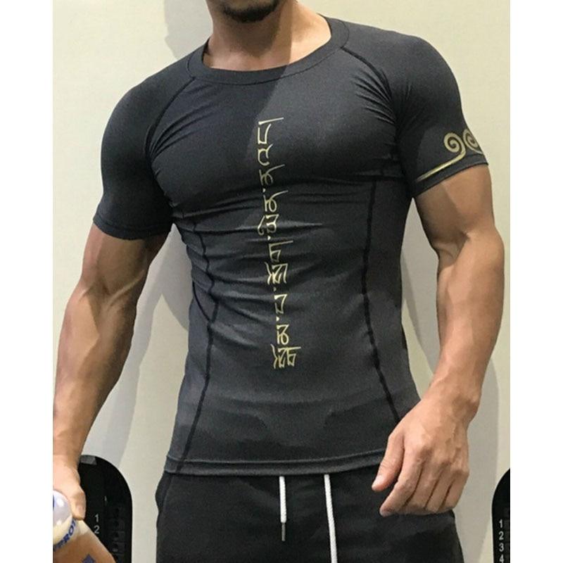 Bertas Heren sneldrogende fitness bedrukte tees buitensport hardlopen klimmen korte mouwen shirt panty bodybuilding tops S zwart