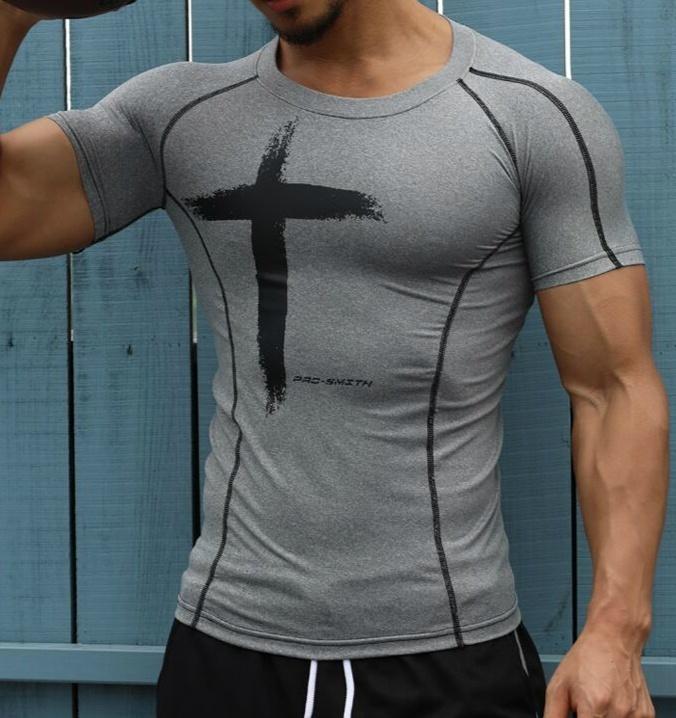 Bertas Heren sneldrogende fitness bedrukte tees buitensport hardlopen klimmen korte mouwen shirt panty bodybuilding tops S grijs