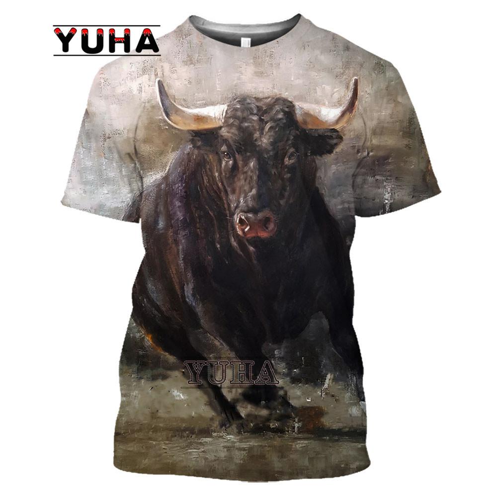 TIP723 Zomer 3D Jacht Dier Stier Print T-shirt Magische Harajuku Trend Straat Spaanse Stierengevecht Korte mouwen Oversized Heren Top M