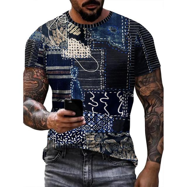 Chengyu Vintage T-shirt voor heren Patchwork Denim Grafische T-shirts 3D-print Korte mouw Casual T-shirt Oversized Herenkleding Tops M