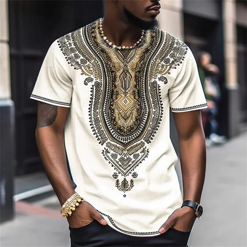 ETST 03 Afrikaanse kleding voor mannen Dashiki T-shirt traditionele kleding korte mouw casual retro streetwear vintage etnische stijl M