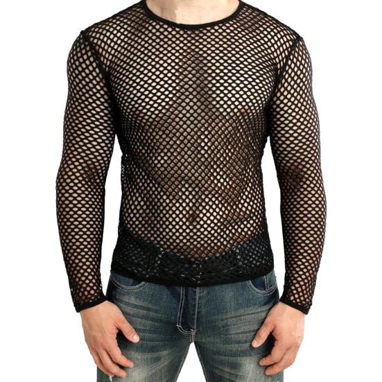 Western Cool Men Heren Club Top Doorzichtig Uitgehold Visnet O Hals Korte Mouw Losse Dunne Trui Hip Hop Streetwear Heren T-shirt S zwart