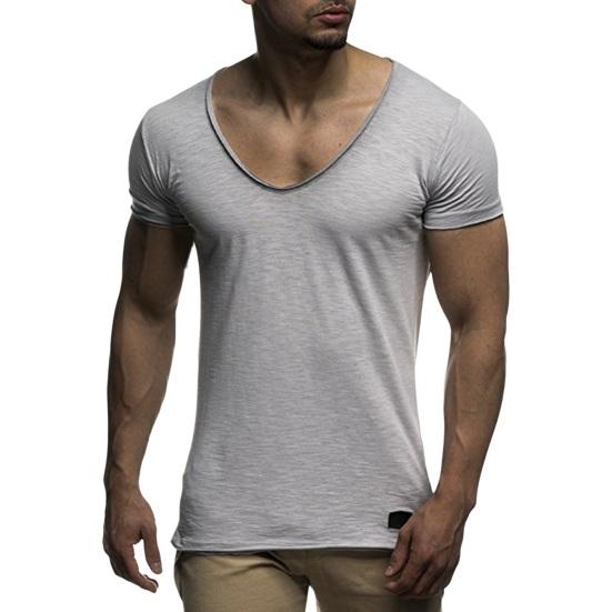 Western Cool Men Heren T-shirt Korte Mouwen V-hals Effen Kleur Zacht Slim Fit Mid Lengte Elastisch Casual 2XL grijs