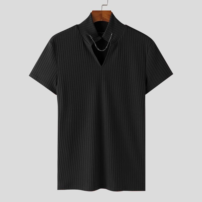 INCERUN Heren Korte Mouw Slim Fit Gebreide T-shirts Spier V-hals Tops 2XL zwart