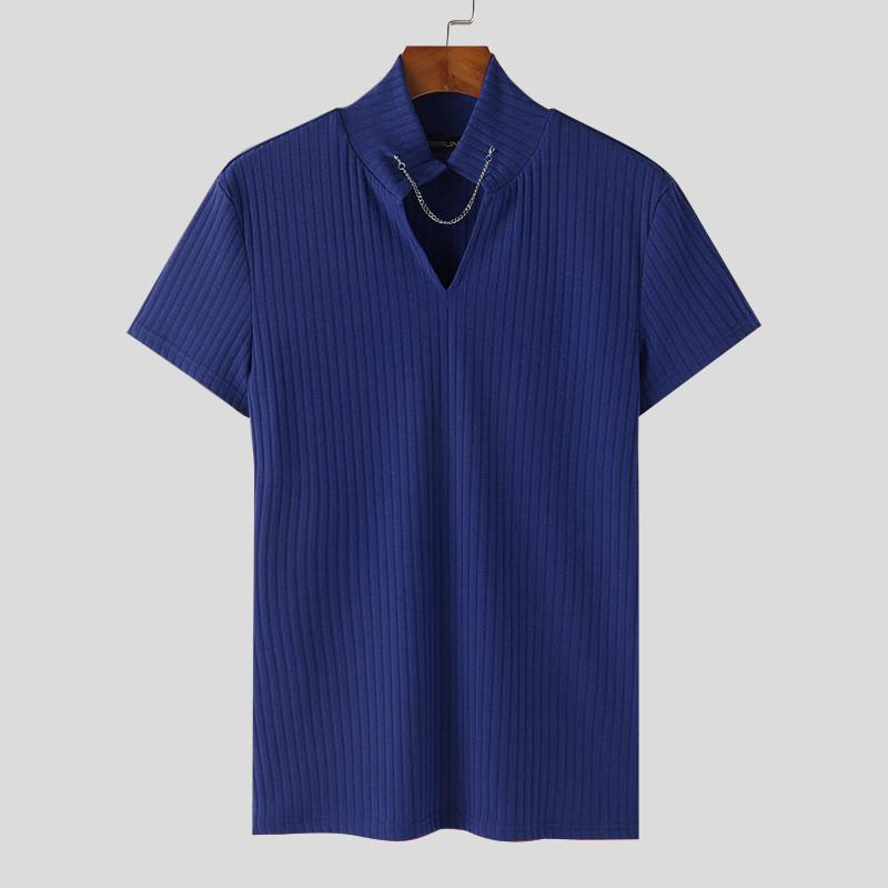 INCERUN Heren Korte Mouw Slim Fit Gebreide T-shirts Spier V-hals Tops 2XL blauw