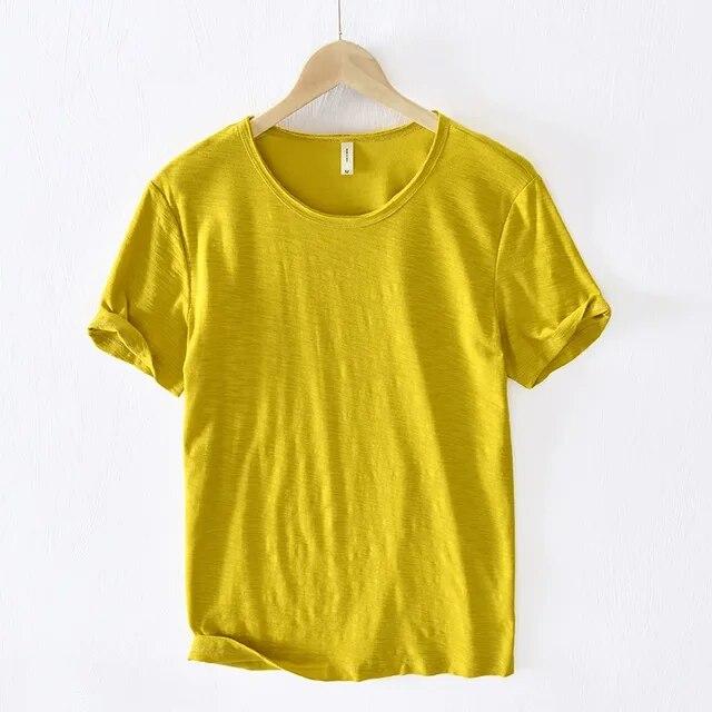 Liyugen Heren O-Hals Casual Retro Raw Edge T-Shirt Katoen Lichtgewicht Ademend Slim-fit Monochroom Basis Top S geel