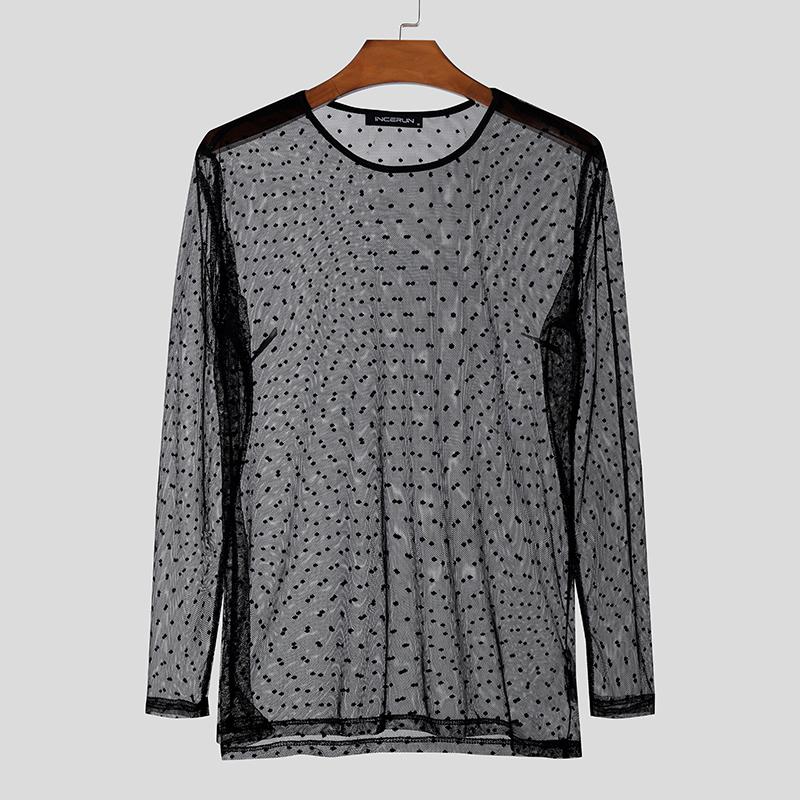 INCERUN Heren Lange Mouw Polka Dots Doorzichtige Tops Club Party Mesh T-shirts 4XL zwart