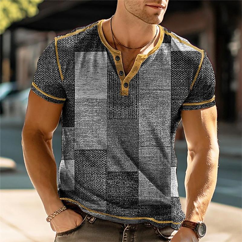 Our T-shirts 3D-print patchwork kleurblok vintage Henley-shirts herenmode oversized overhemden met korte mouwen tops kleding 3XL