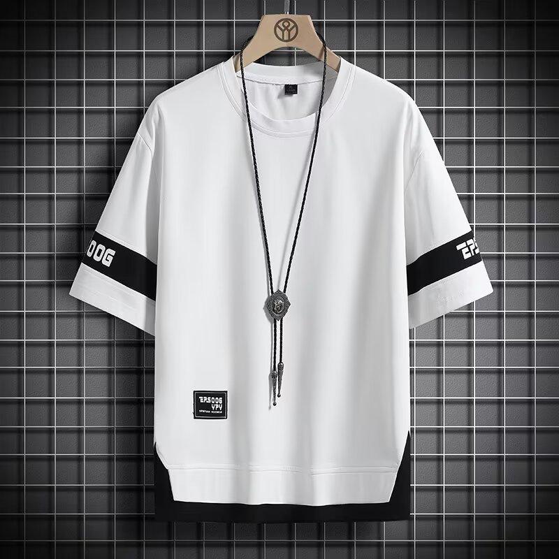 VantaGoods Trendy neppe tweedelige hiphop-T-shirts met korte mouwen voor heren (2024): Europese en Amerikaanse stijl, ronde hals, zomer. XL wit