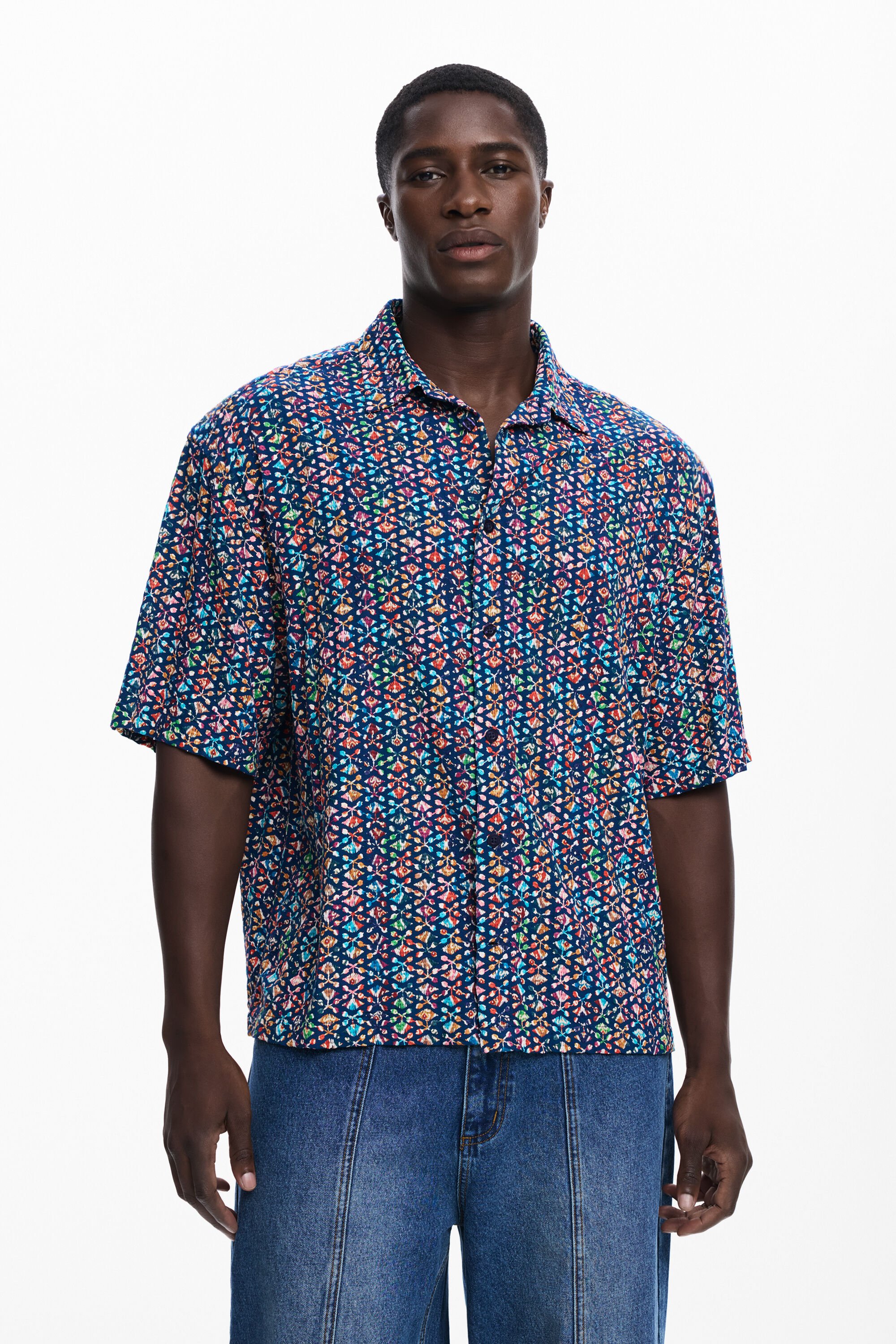 Desigual Kortemouw shirt met etnische borduursels - BLUE