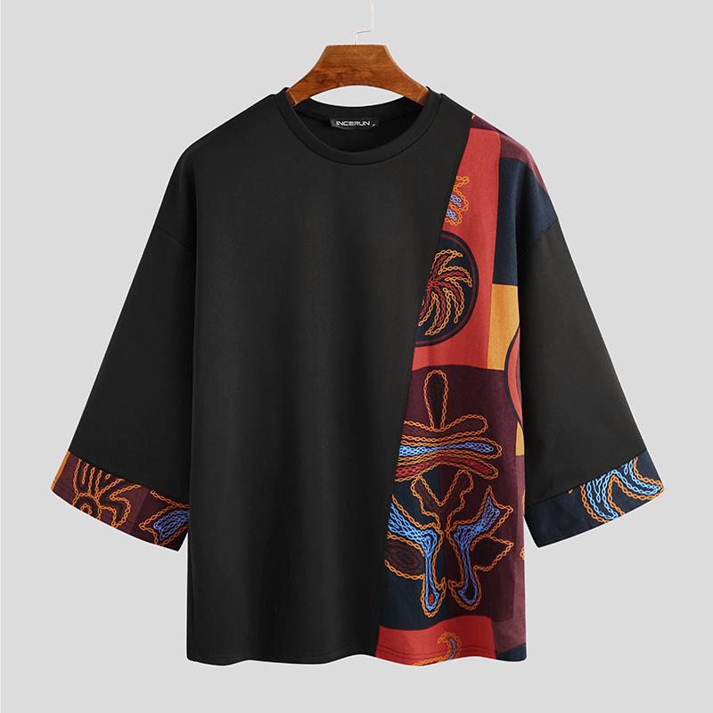 INCERUN Zomer Heren O-hals T-shirt met korte mouwen Losse casual vintage bedrukte patchwork tops M zwart