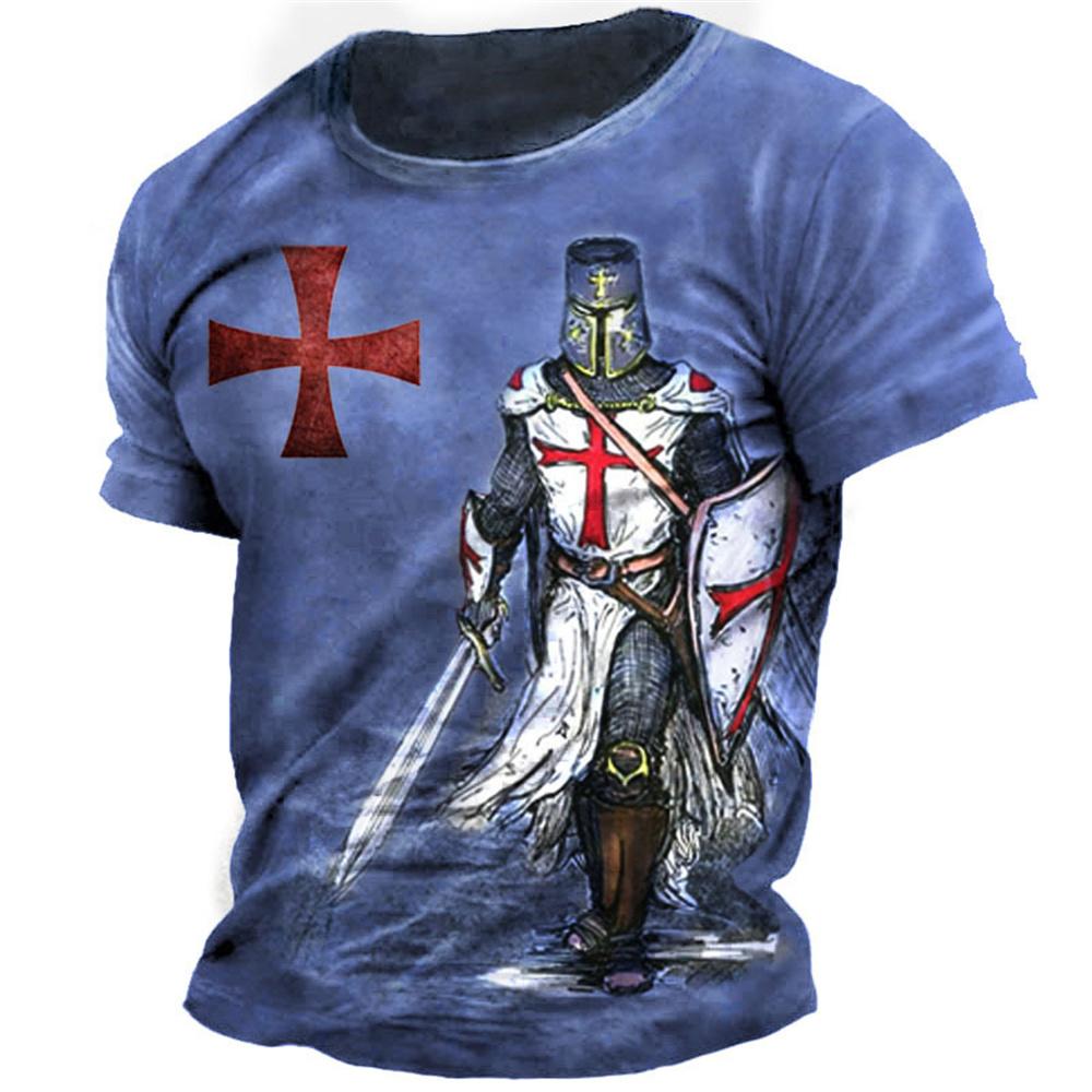 ETST WENDY Retro Tempeliers Print Heren T-shirts Zomer Losse Polyester Korte Mouw Mannelijke Tops Crusader Soldaat Kleding Kleding 2XL