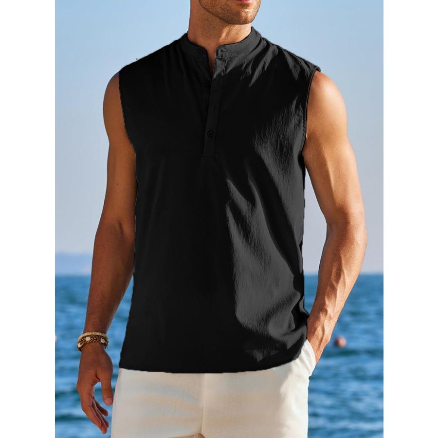 HerSight Lente Zomer Strand Heren Half Open Kraag Mouwloos Onderkant Shirt Heren Casual Top Wit Zwart Blauw L