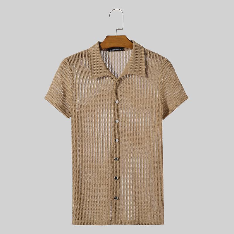 INCERUN Heren Revers Kraag Korte Mouw Effen Kleur Holle Doorschijnende Overhemden 3XL kaki