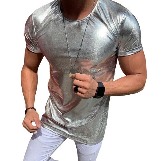 Selling Clothing Zomer Heren T-shirt Glanzend Oppervlak Bronzing Slim Fit O Hals Effen Kleur Korte Mouwen Trui Feest Club Prestatie Dans Streetwear Top XL zilver